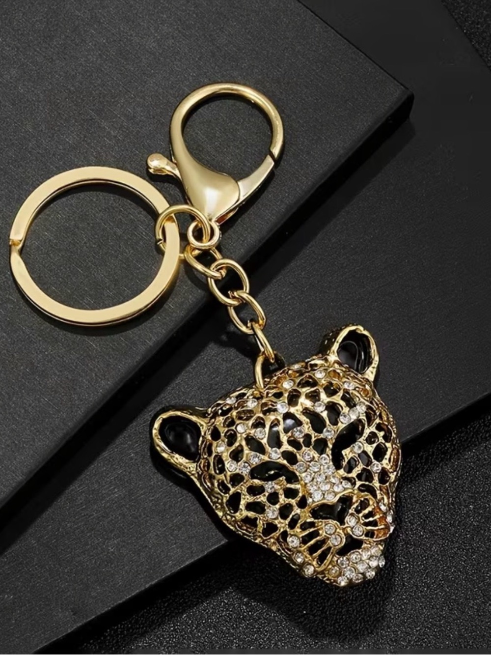 Gold Leopard Head Rhinestone Keychain Bag Charm